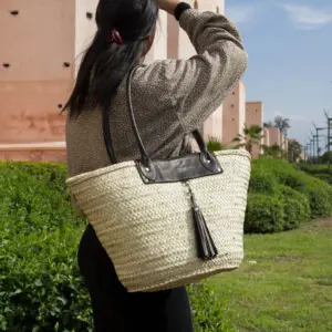 Straw Shoulder Bag – Handmade Moroccan Palm Leaf Bag with Leather Straps