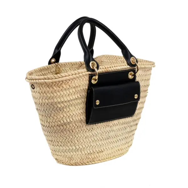 Straw Tote Bag – Luxury Palm Leaf Basket with Leather Patch and Handles