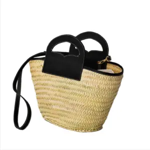 Straw Crossbody Bag – Luxury Palm Leaf Basket with Leather Patch and Crossbody Strap
