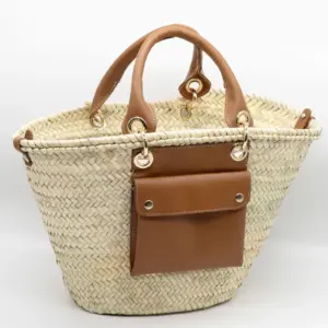 Straw Tote Bag – Luxury Palm Leaf Basket with Leather Patch and Handles