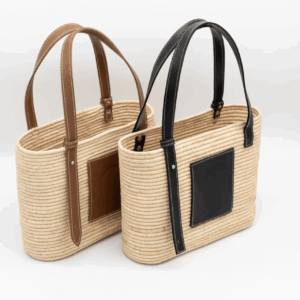 Raffia Tote Bag – Luxury Basket Bag with Leather Patch and Handles