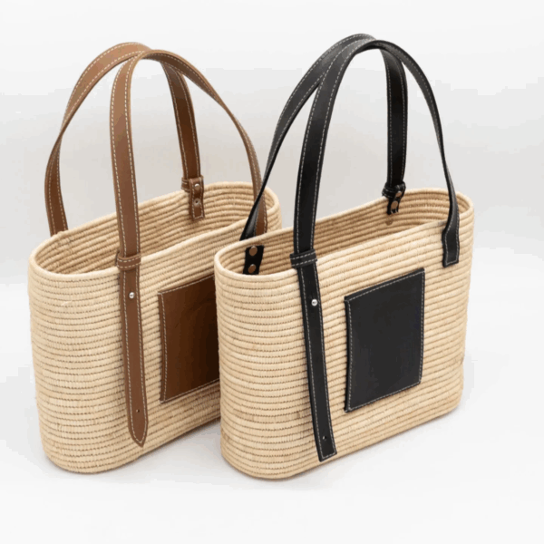 Raffia Tote Bag – Luxury Basket Bag with Leather Patch and Handles