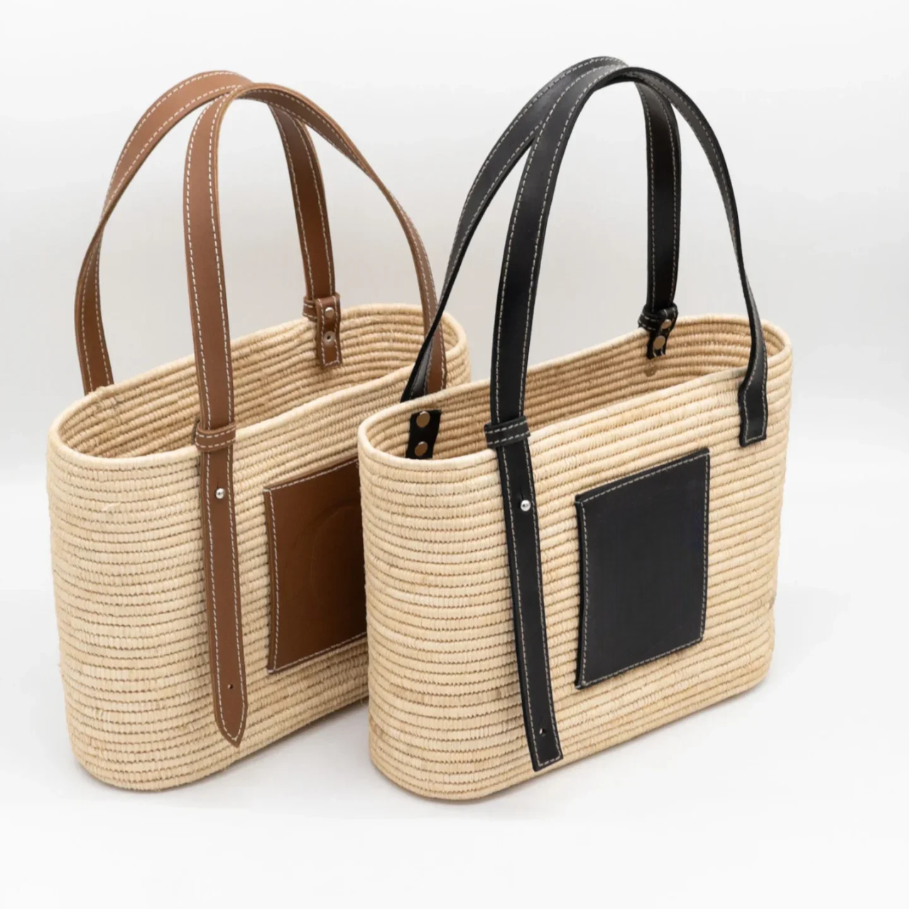 Raffia Tote Bag – Luxury Basket Bag with Leather Patch and Handles