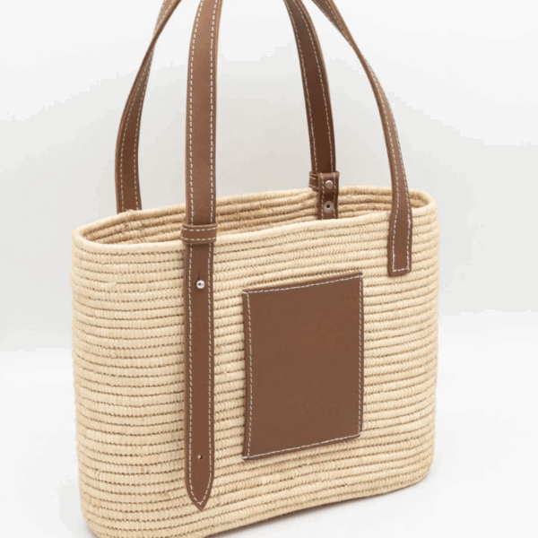 Raffia Tote Bag – Luxury Basket Bag with Leather Patch and Handles