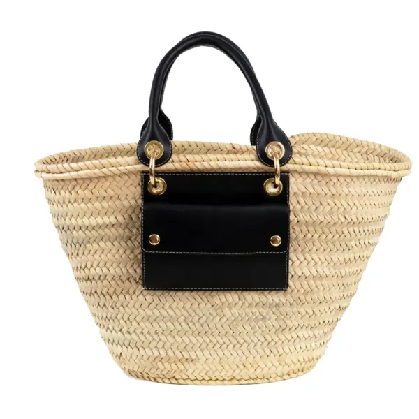 Straw Tote Bag – Luxury Palm Leaf Basket with Leather Patch and Handles