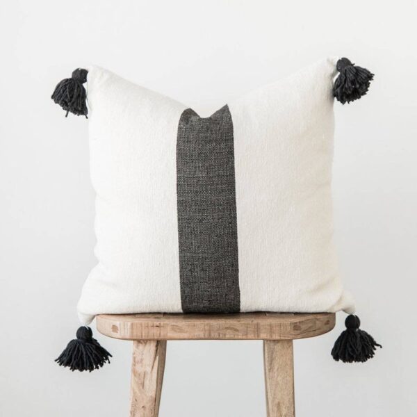 Cotton Pompom Pillow – Handwoven Black & White Cushion
