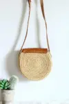 Round Flower Raffia and Leather Bag – Handmade Natural Raffia