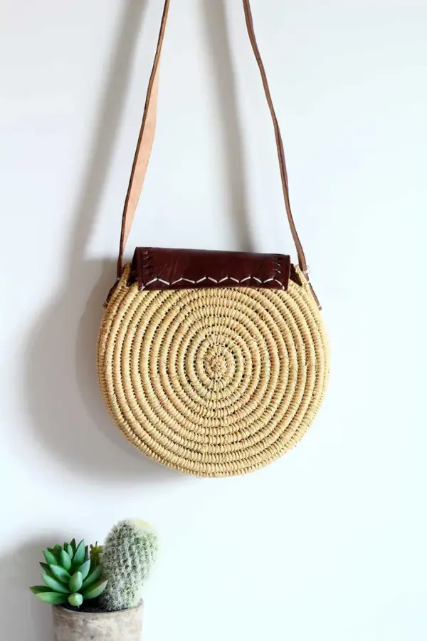 Brown Sun Round Raffia Crossbody – Handmade Natural Raffia Circle bag