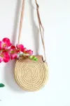 Round Raffia Camel Crossbody – Handmade Natural Raffia Circle