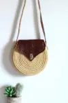 Brown Sun Round Raffia Crossbody – Handmade Natural Raffia Circle bag