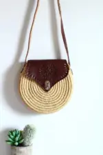 Brown Sun Round Raffia Crossbody – Handmade Natural Raffia Circle bag