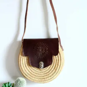 Dark Brown Round Raffia Crossbody – Handmade Natural Raffia