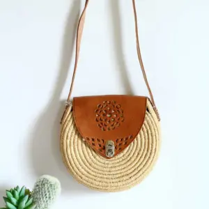Round Flower Raffia and Leather Bag – Handmade Natural Raffia