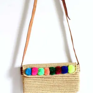 Pompom Raffia Crossbody – Handmade Natural Raffia Bag