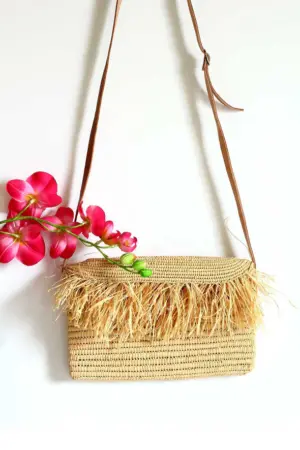 Raffia Fringe Crossbody – Handmade Natural Raffia Bag with Leather strap
