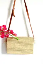 Raffia Fringe Crossbody – Handmade Natural Raffia Bag with Leather strap
