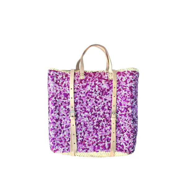 Straw Backpack with Purple Sequins – Handcrafted Moroccan Backpack with Leather Straps