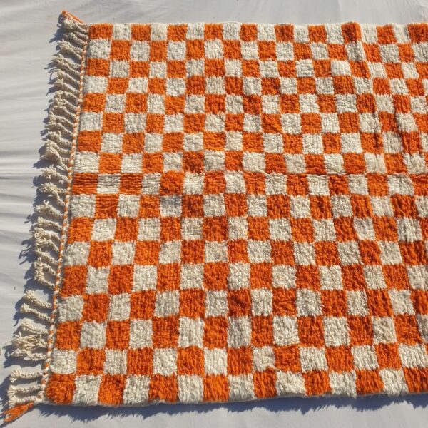 Damia – Orange & White Checkered Authentic Soft Beni Ourain Moroccan Rug