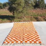 Damia – Orange & White Checkered Authentic Soft Beni Ourain Moroccan Rug