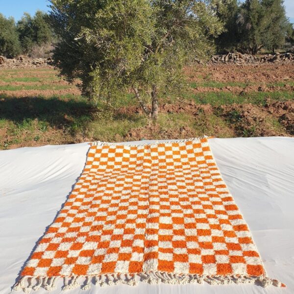 Damia – Orange & White Checkered Authentic Soft Beni Ourain Moroccan Rug