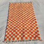 Damia – Orange & White Checkered Authentic Soft Beni Ourain Moroccan Rug