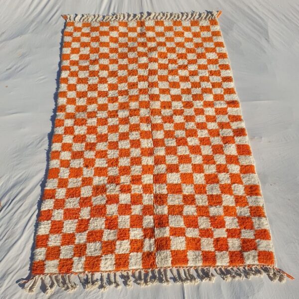 Damia – Orange & White Checkered Authentic Soft Beni Ourain Moroccan Rug