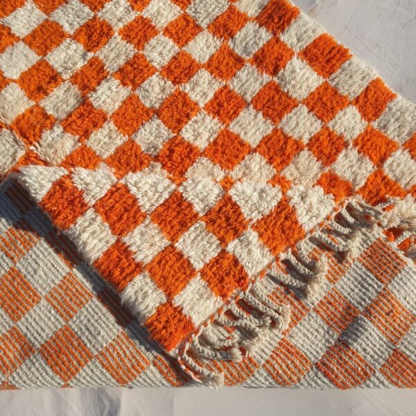 Damia – Orange & White Checkered Authentic Soft Beni Ourain Moroccan Rug
