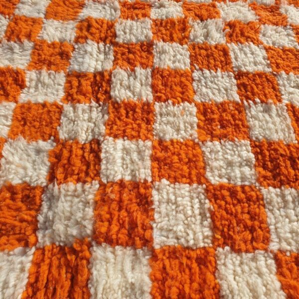 Damia – Orange & White Checkered Authentic Soft Beni Ourain Moroccan Rug