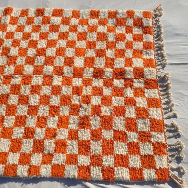 Damia – Orange & White Checkered Authentic Soft Beni Ourain Moroccan Rug