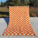 Damia – Orange & White Checkered Authentic Soft Beni Ourain Moroccan Rug