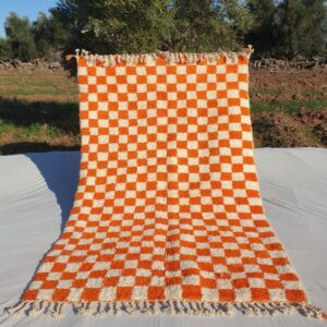 Damia – Orange & White Checkered Authentic Soft Beni Ourain Moroccan Rug