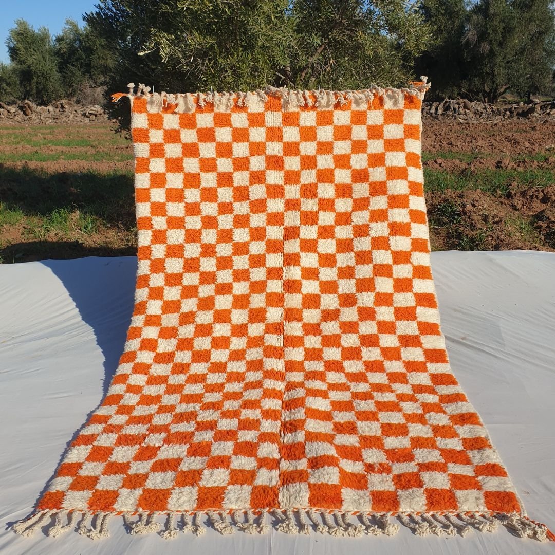 Damia – Orange & White Checkered Authentic Soft Beni Ourain Moroccan Rug