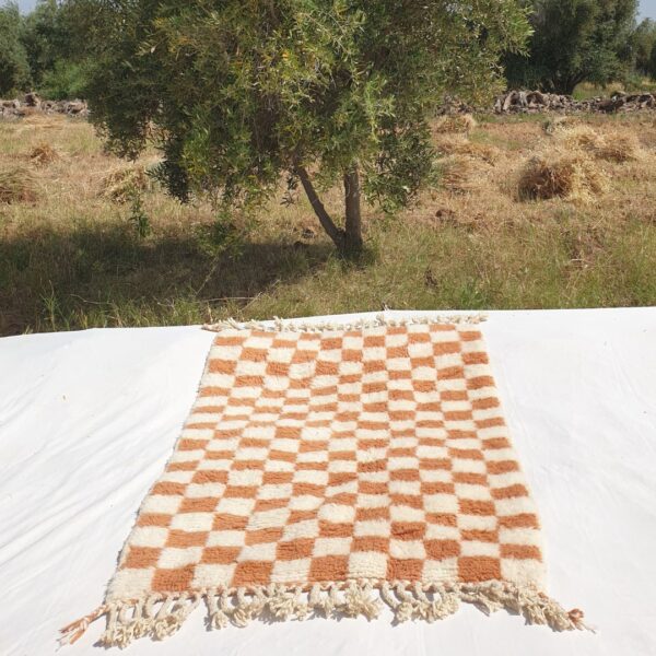 Farlacha | Beni Ourain Moroccan Rug 4x5 ft Terracotta Checkered | 4'x5'61 Ft | 120x171 cm