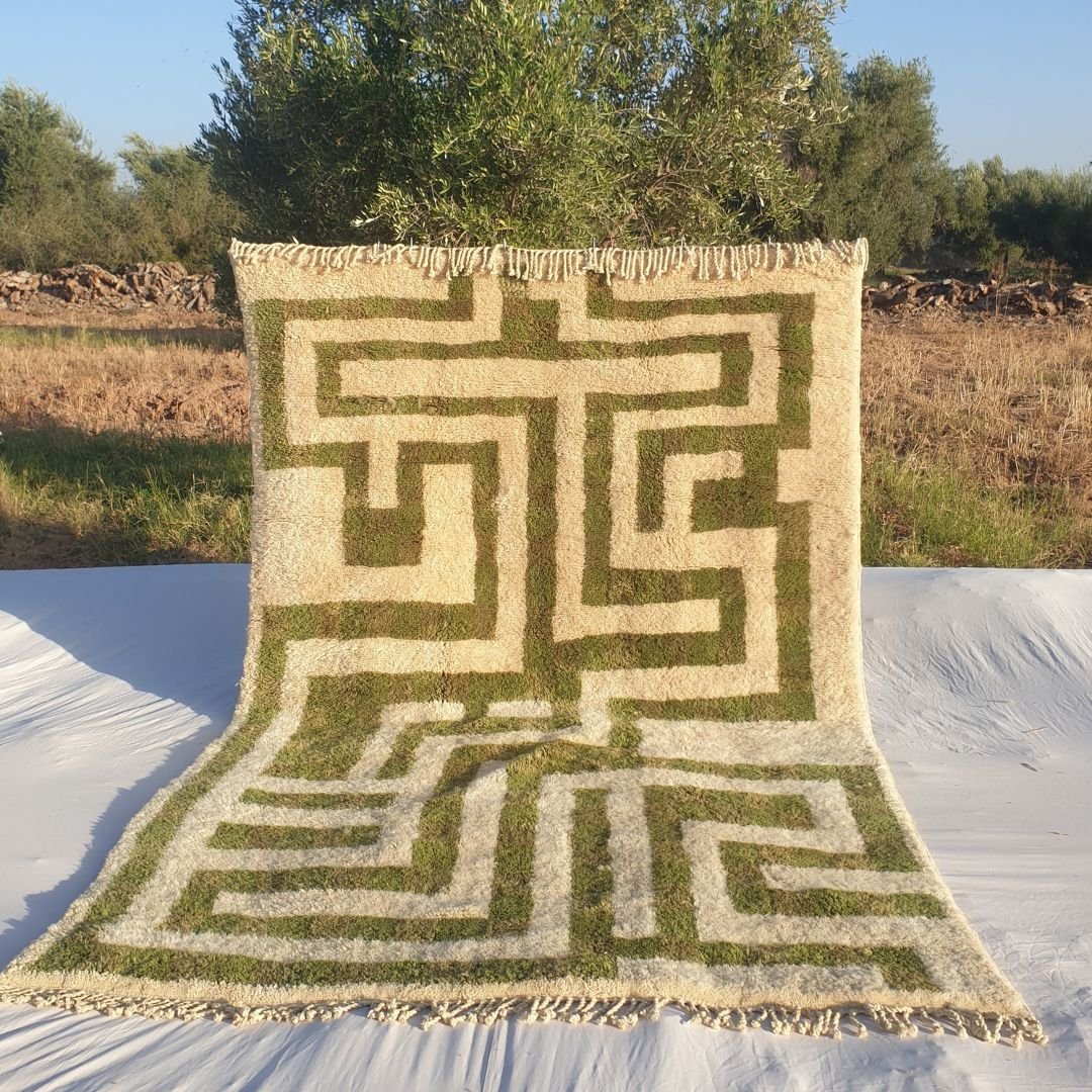 Mouassine – Checkered Olive Green Moroccan Rug | Ultra Soft Beni Ourain Wool Rug