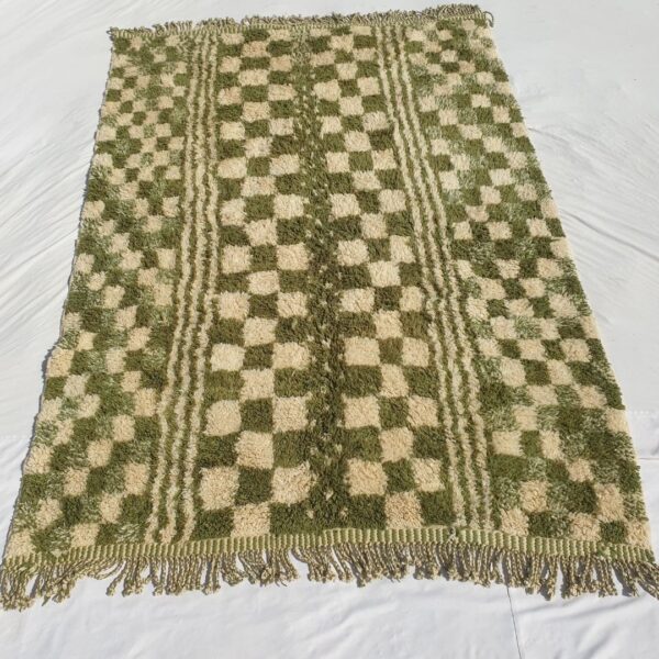 Mouassine – Checkered Olive Green Moroccan Rug | Ultra Soft Beni Ourain Wool Rug