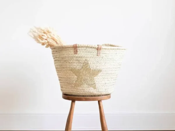 French Basket – Gold Star | Handwoven Palm Leaf Tote with Sequin Detail