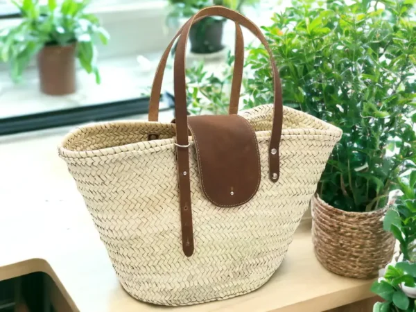 French Straw Tote Bag – Handwoven Palm Leaf Basket with Tan Brown Leather Handles