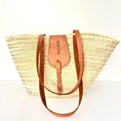 Palm Leaf and Leather Basket – Handwoven Moroccan Storage & Decor Tote