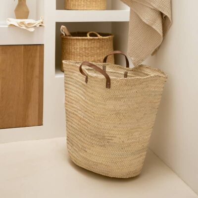 XL Handwoven Palm Leaf Basket with Leather Handles – Moroccan Storage & Decor