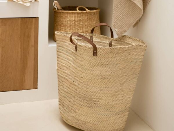 XL Handwoven Palm Leaf Basket with Leather Handles – Moroccan Storage & Decor