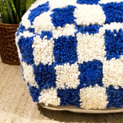 1a61c20c3736234f260d47a1318a6bab359d3c4a312e86a33047ef85f3c6cc9b-1.webp Custom Checkered Moroccan Floor Cushion – Handmade Berber Pouf | Upcycled Beni Ourain