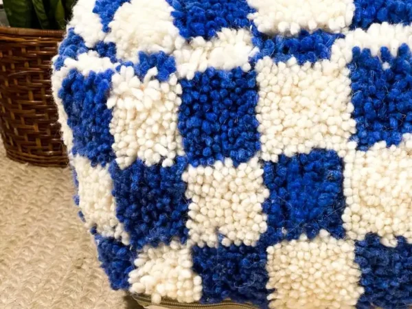 Custom Checkered Moroccan Floor Cushion – Handmade Berber Pouf | Upcycled Beni Ourain