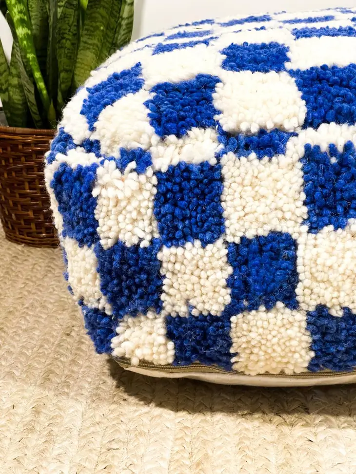 1a61c20c3736234f260d47a1318a6bab359d3c4a312e86a33047ef85f3c6cc9b-1.webp Custom Checkered Moroccan Floor Cushion – Handmade Berber Pouf | Upcycled Beni Ourain