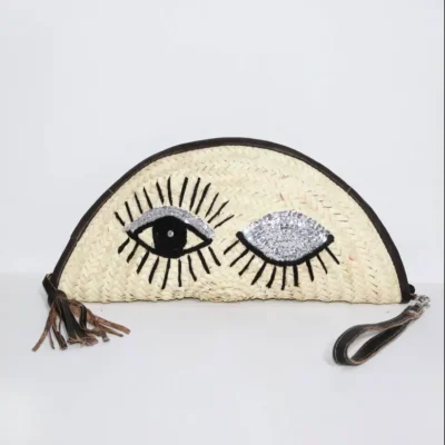 Eyes Clutch – Handwoven Palm Leaf Bag with Embroidered Eyes Design