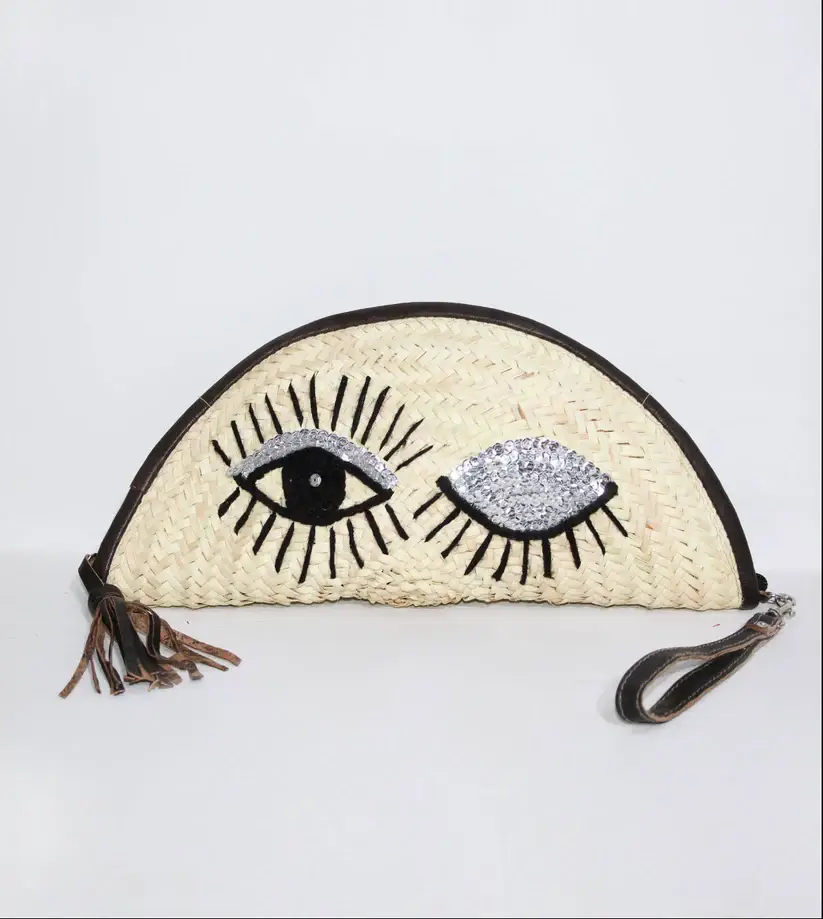 Eyes Clutch – Handwoven Palm Leaf Bag with Embroidered Eyes Design