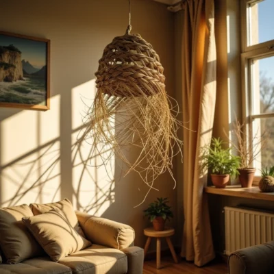 Bohemian Straw Pendant Light – Handwoven Moroccan Lamp Shade (20 × 20 cm)