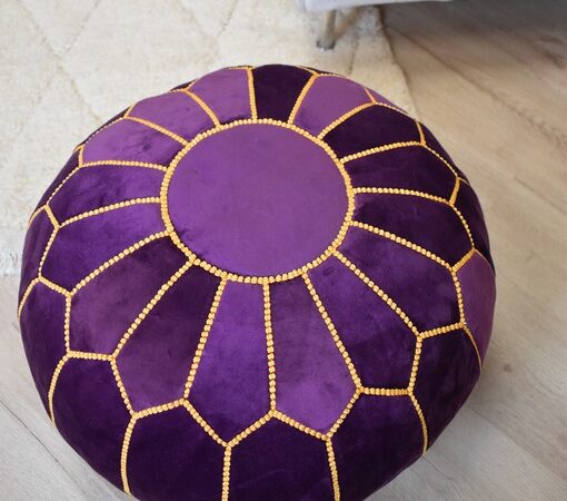 Velvet Pouffe – Blue and White | 55x35 cm Handcrafted Round Ottoman