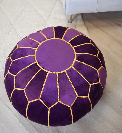 Velvet Pouffe – Blue and White | 55x35 cm Handcrafted Round Ottoman
