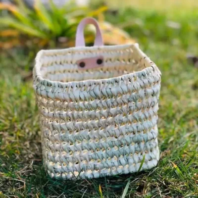 Duo of Woven Palm Fiber Baskets | Handmade Moroccan Wall Storage