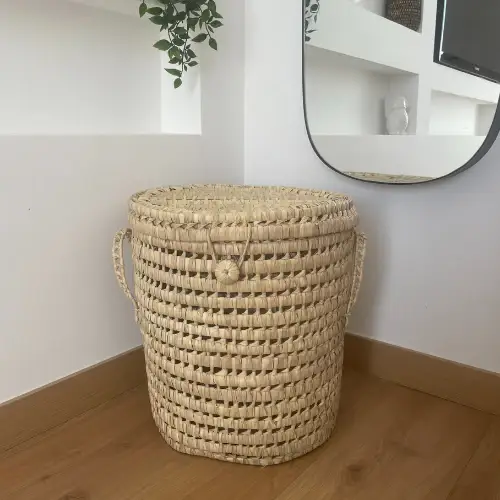 Handwoven Small Round Laundry Basket – Eco-Friendly Palm Leaf Storage